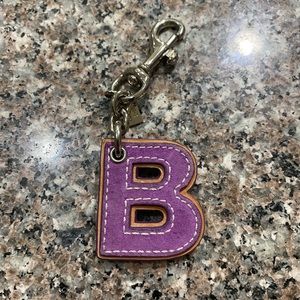 Coach B Letter Charm Clip Purple Suede Front Silver Back